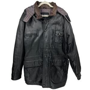 Stratojac Leather Parka Jacket Coat Men's Large Black Brown Hooded Heavy VTG